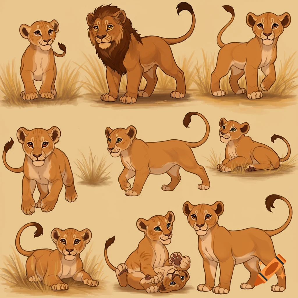 A cartoon reference sheet depicting a male lion, lionesses, and several lion cubs in various poses against a beige background with grass.