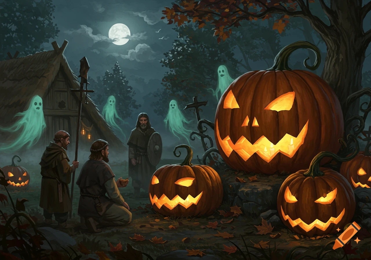 A spooky night scene with medieval men, glowing jack-o-lanterns, and ethereal ghosts around a rustic hut under a full moon.