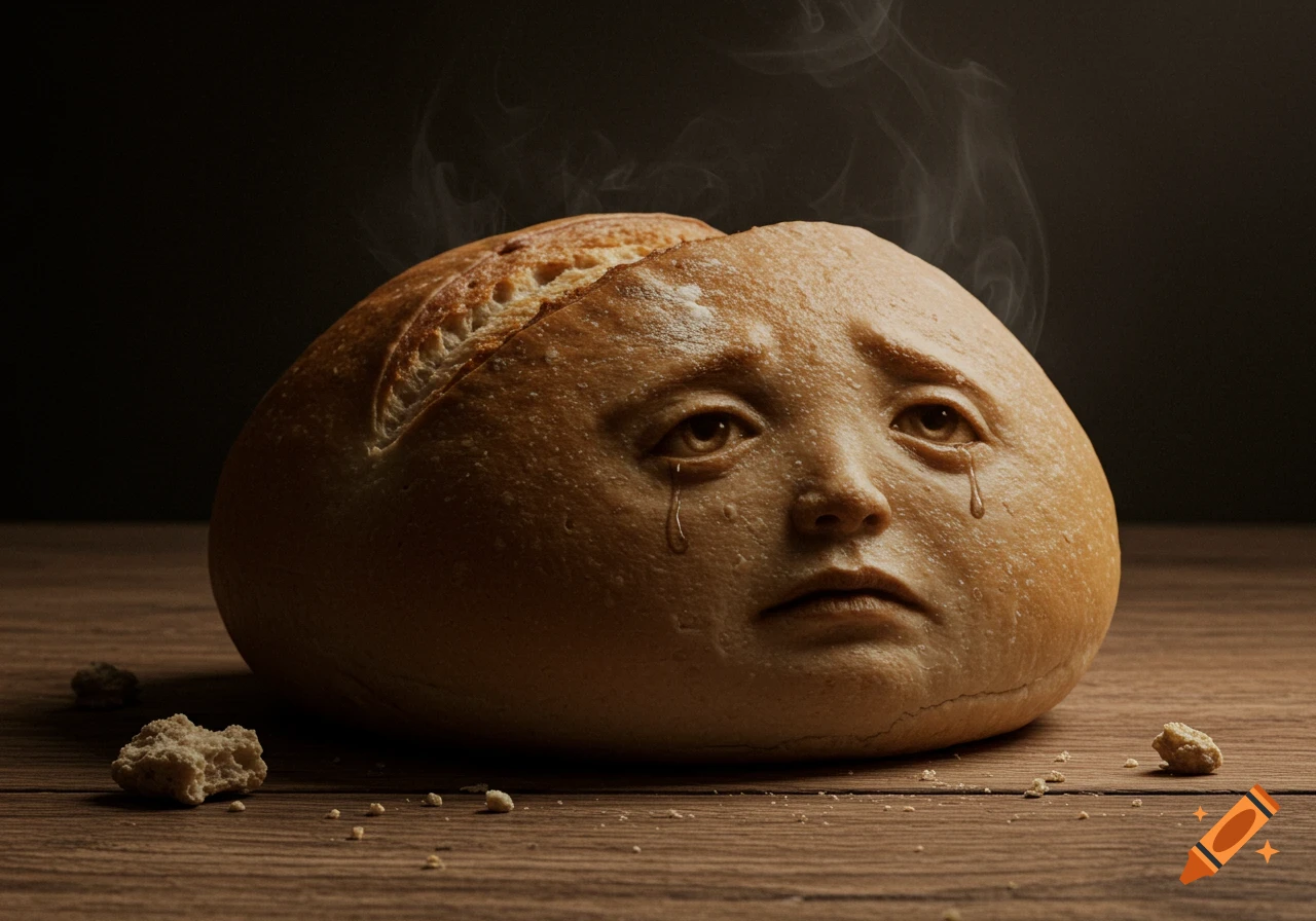 A steaming loaf of bread with a sad human face and tears sits on a wooden table with crumbs in a dramatic, dark setting.