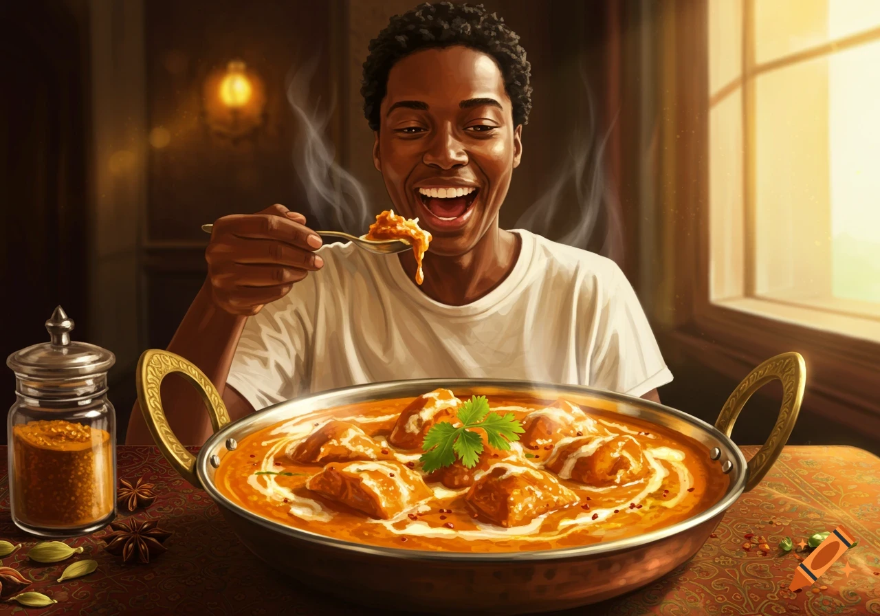 A smiling Black person holds a spoonful of steaming butter chicken over a large pot, with spices on a patterned table.