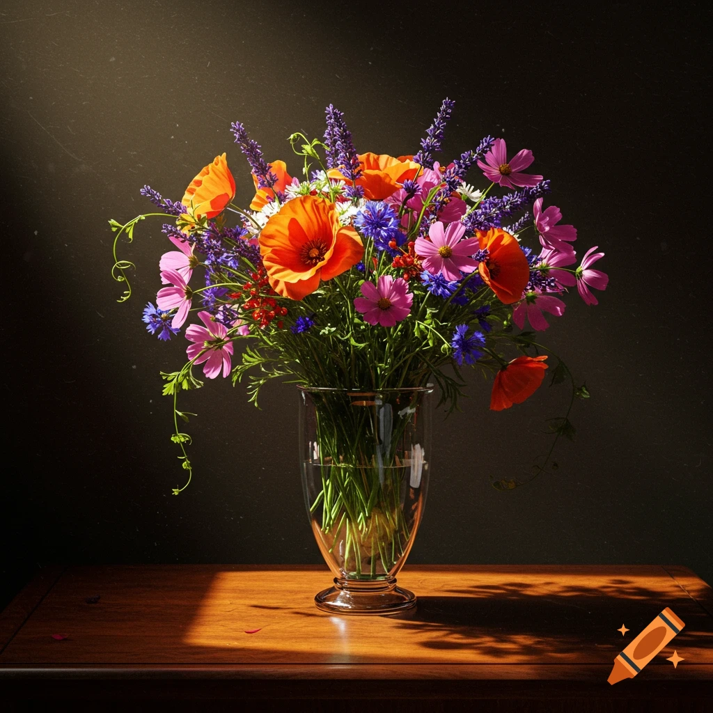 A vibrant wildflower bouquet in a clear glass vase sits on a wooden table, bathed in dramatic sunlight.
