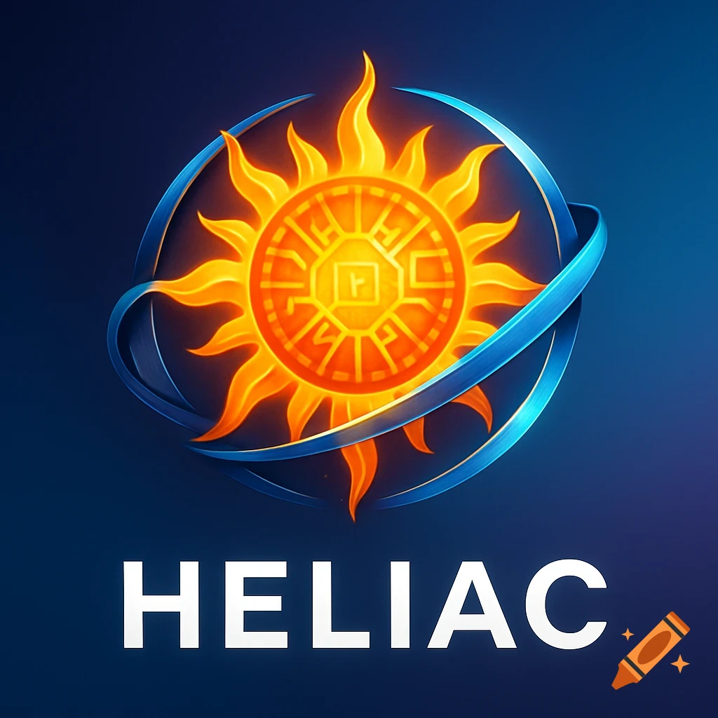 A stylized logo features a fiery orange sun emblem with intricate patterns, encircled by a blue ribbon, above the word HELIAC.