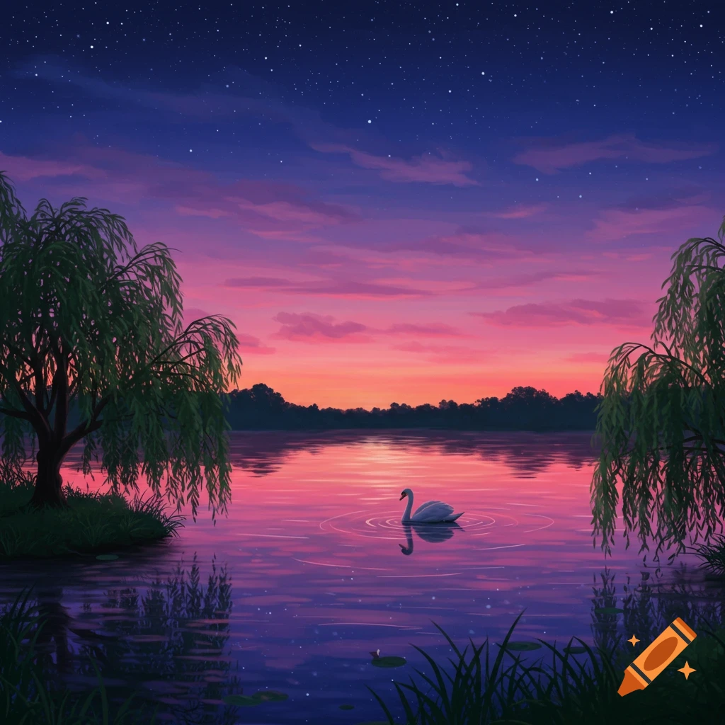 Serene illustrated twilight lake scene with a swan, reflecting pink and purple sky, surrounded by willow trees.