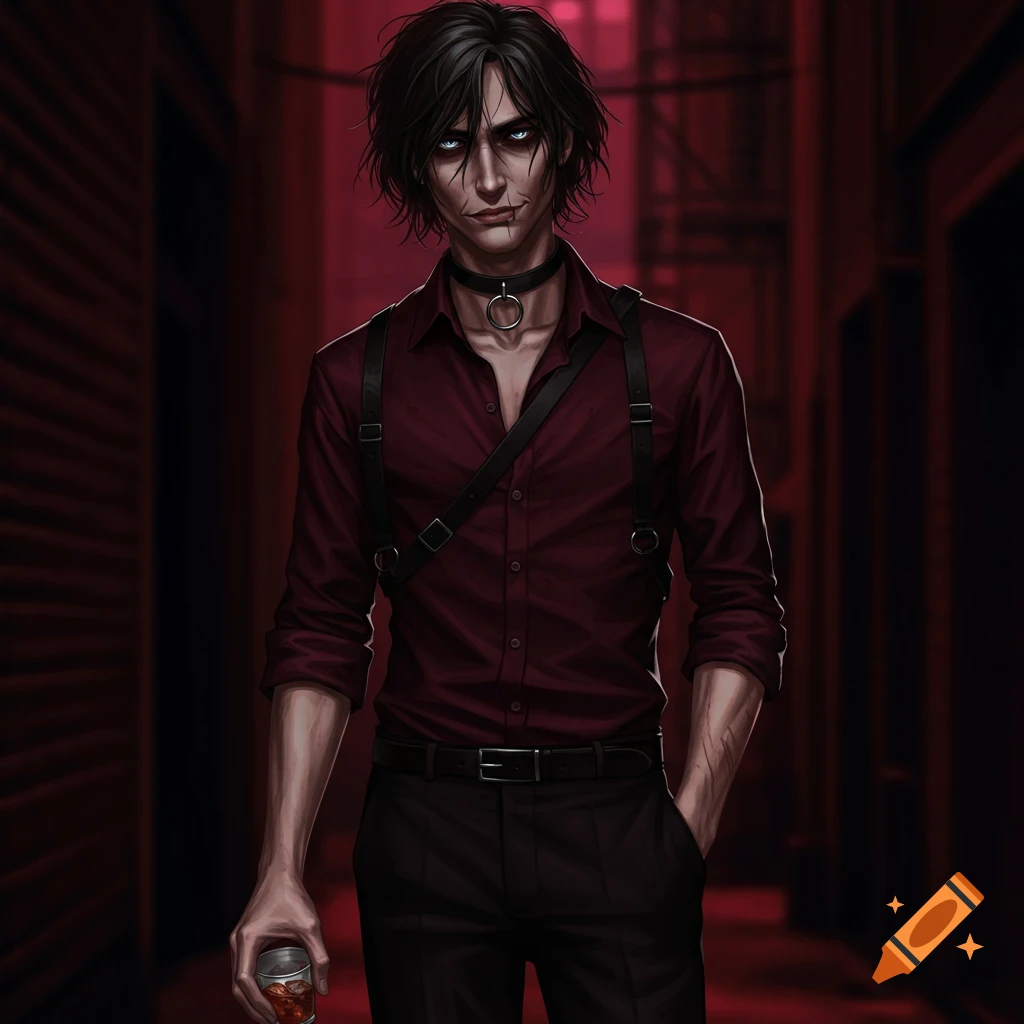 Digital art of a pale man with dark hair, blue eyes, and facial marks, wearing a burgundy shirt, black harness, and choker, holding a drink in a dark alley.