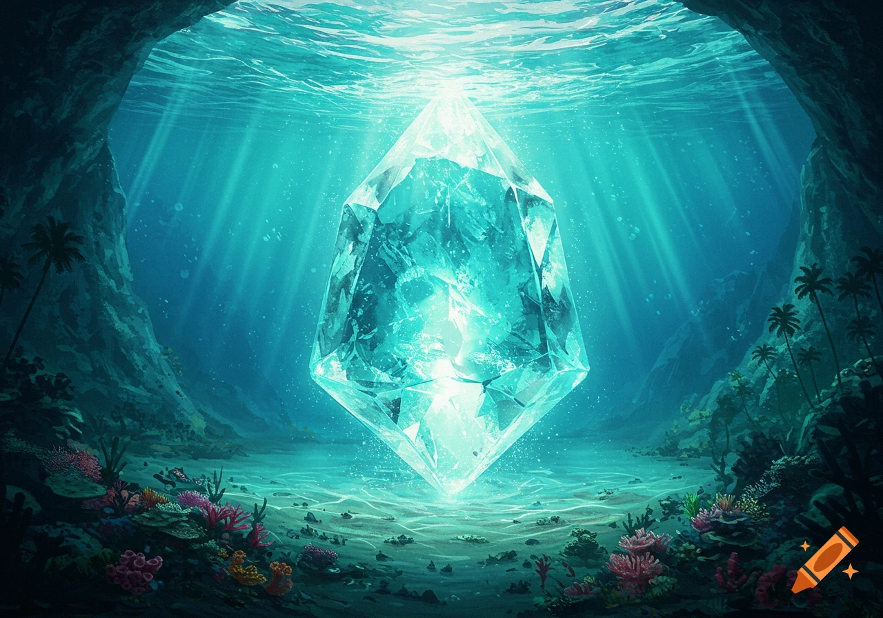 A large, radiant blue crystal glows on the sandy bottom of an underwater cave, illuminated by sunbeams, colorful coral, and distant palm trees.