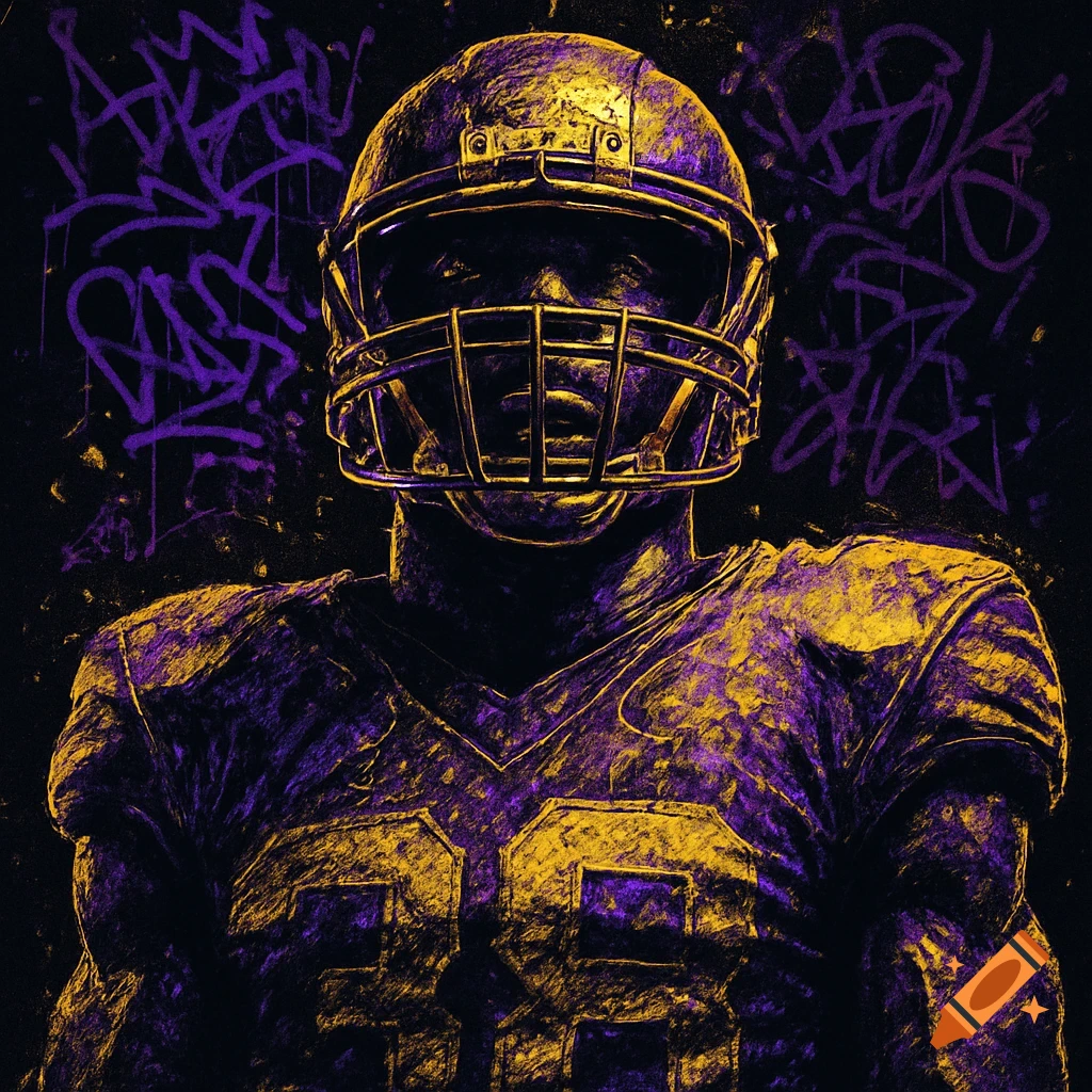 Textured, high-contrast image of a football player in a purple and gold helmet and jersey with number 38, against a dark, graffiti-covered background.