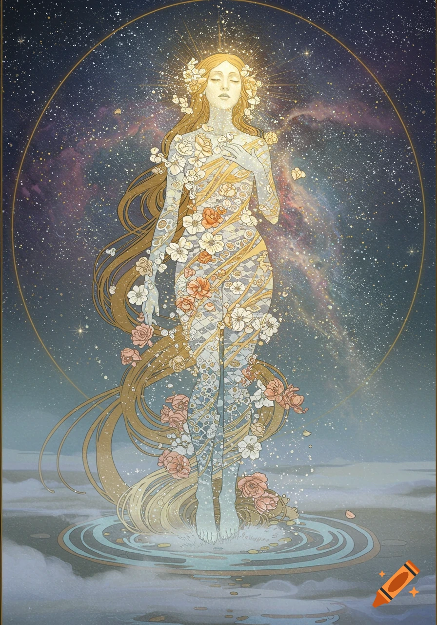 Art Nouveau illustration of a celestial woman, covered in floral patterns, rising from water against a starry cosmic background.