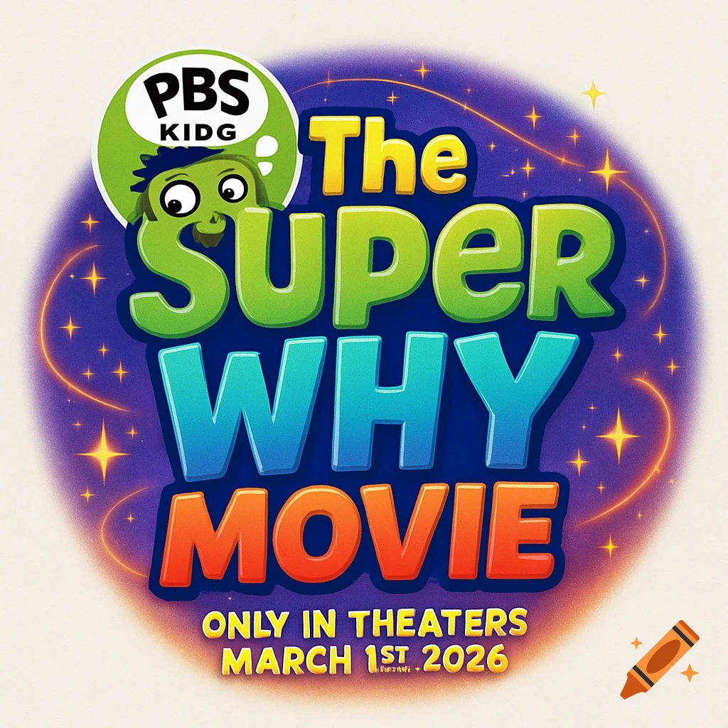 A vibrant, starry logo for 'The Super Why Movie' featuring the 'PBS KIDG' emblem and release date 'March 1st 2026'.