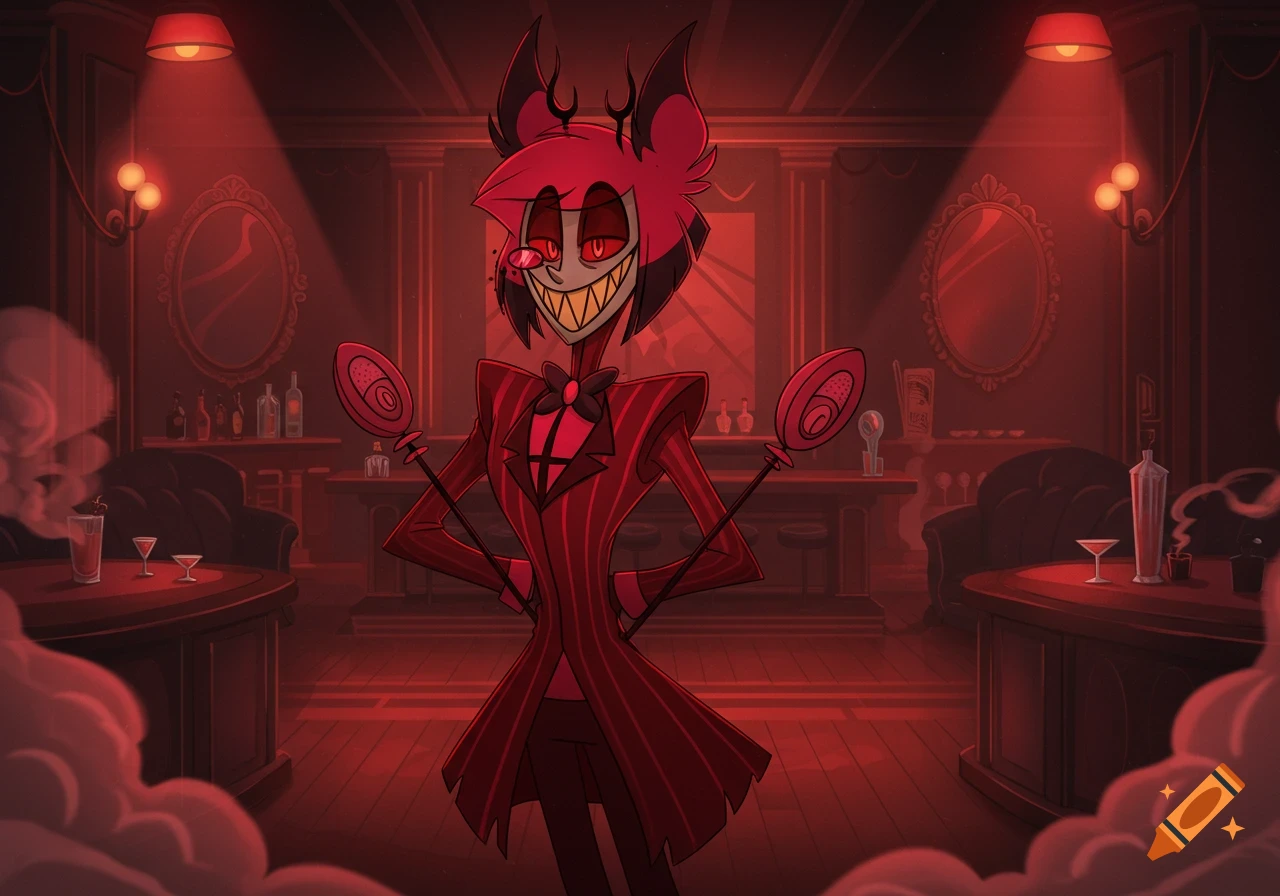 Alastor from Hazbin Hotel, a red demon with antlers and a wide grin, in a pinstriped suit, in a red-lit bar.