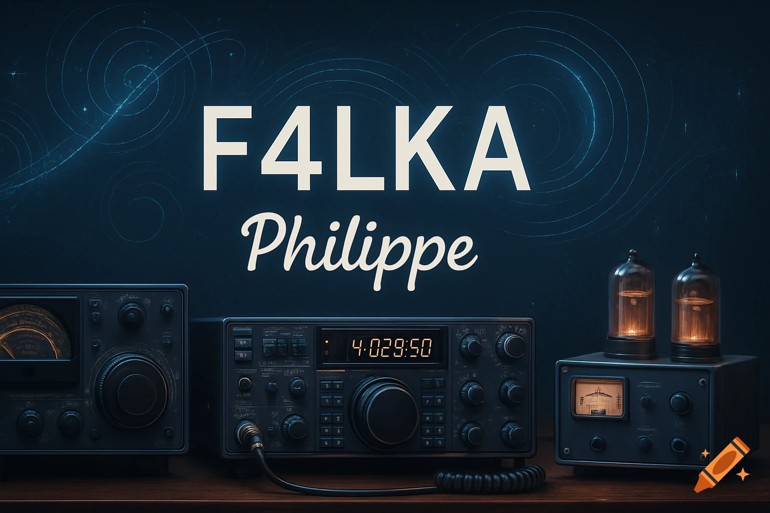 An amateur radio setup with 'F4LKA Philippe' text above, on a dark blue background with glowing lines. Two radios and a vacuum tube amplifier are on a wooden desk.