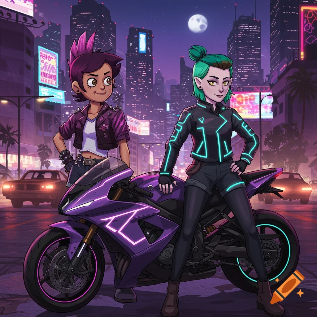 Two anime-style characters, a purple-haired girl and a teal-haired elf, stand by a neon purple motorcycle in a cyberpunk city at night.