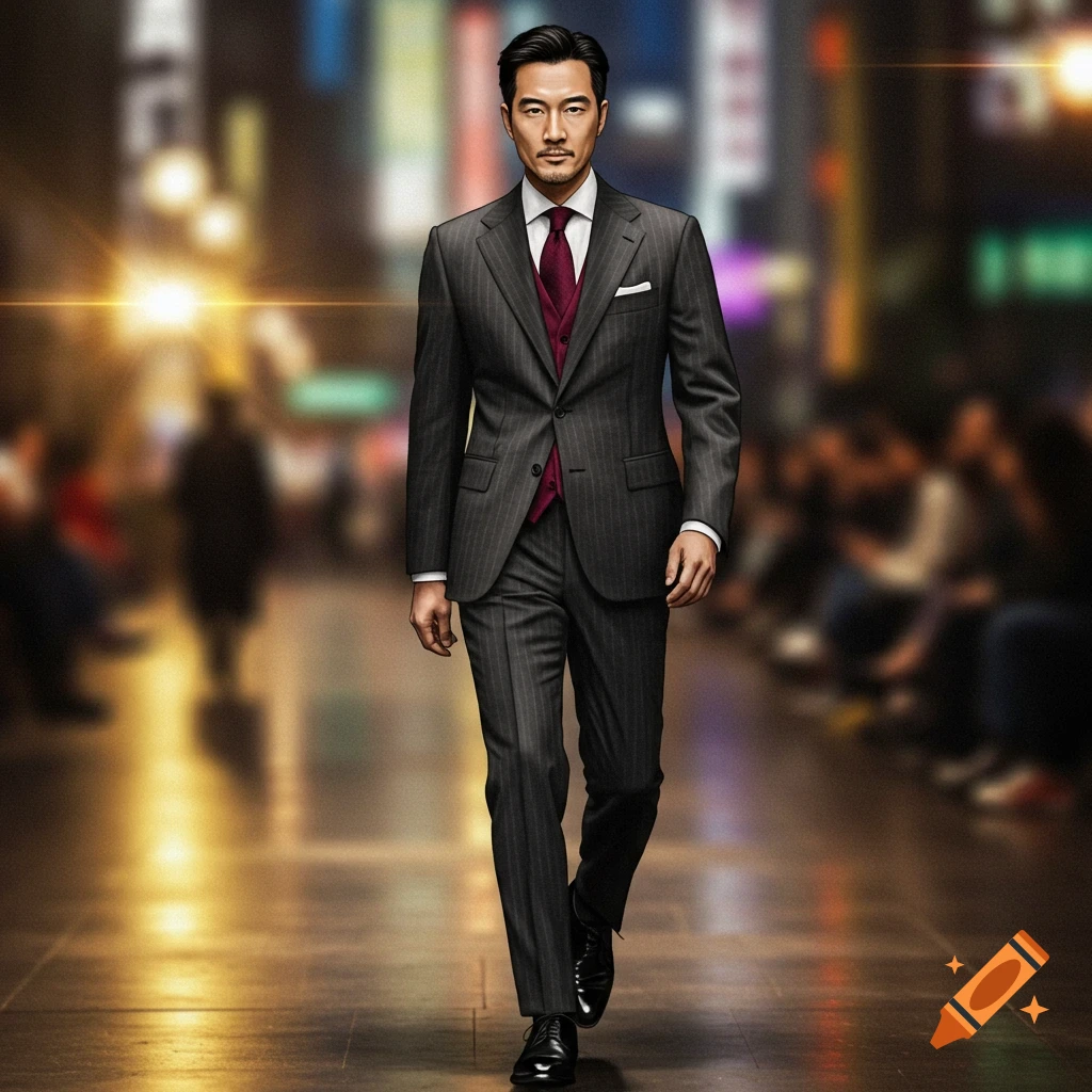 A man in a pinstripe suit and a burgundy vest walks on a blurred city street at night. Photorealistic.