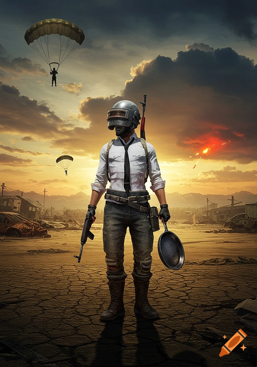 A soldier in a helmet and tactical gear holds a rifle and frying pan in a post-apocalyptic desert with parachutes in the sky and explosions.