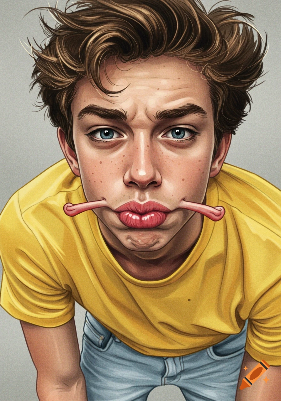 Close-up manga-style portrait of a young man with messy brown hair, freckles, bright blue eyes, wearing a yellow t-shirt and light jeans. He makes an exaggerated fish-like pout with a pink object protruding from his mouth, and his brow is furrowed.