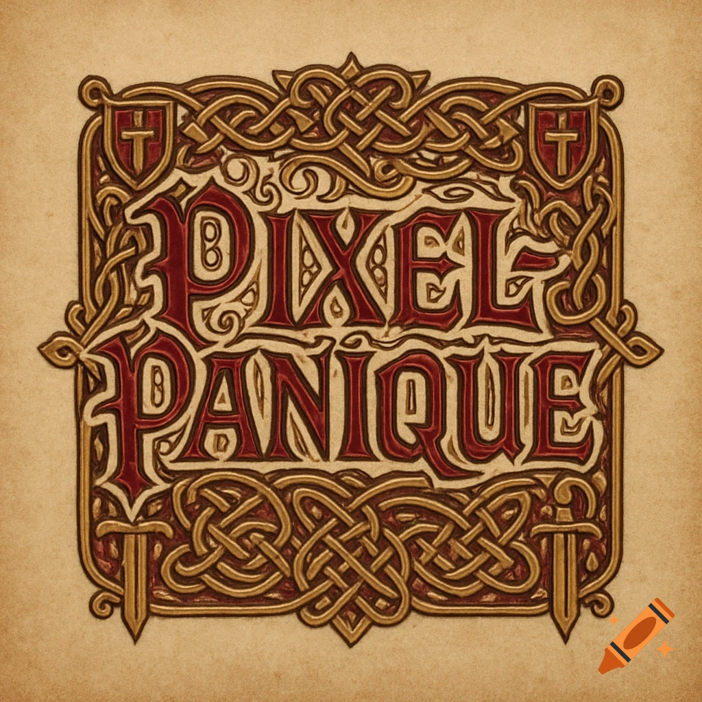 Ornate medieval-style logo with 'PIXEL PANIQUE' in red and gold lettering, surrounded by Celtic knots, shields, and swords on parchment.