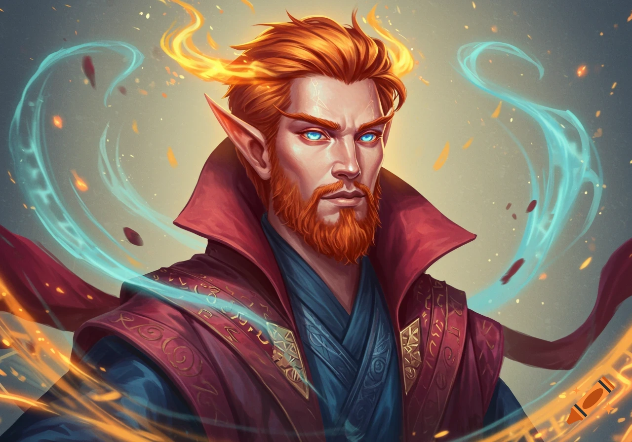 A half-elf magician with fiery red hair, beard, and glowing blue eyes, wearing a red and blue robe with ornate patterns, surrounded by magical fiery and icy energy.