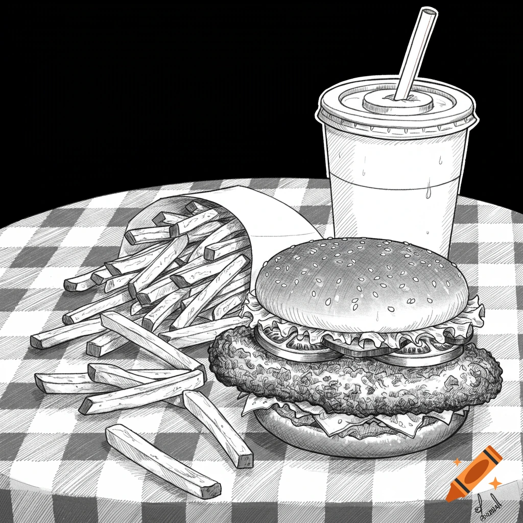 Detailed black and white sketch of a chicken sandwich, fries in a paper cone, and a drink on a checkered tablecloth.