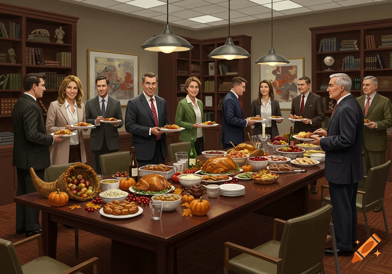 People in suits gather around a large table overflowing with Thanksgiving food in an office setting, serving themselves.