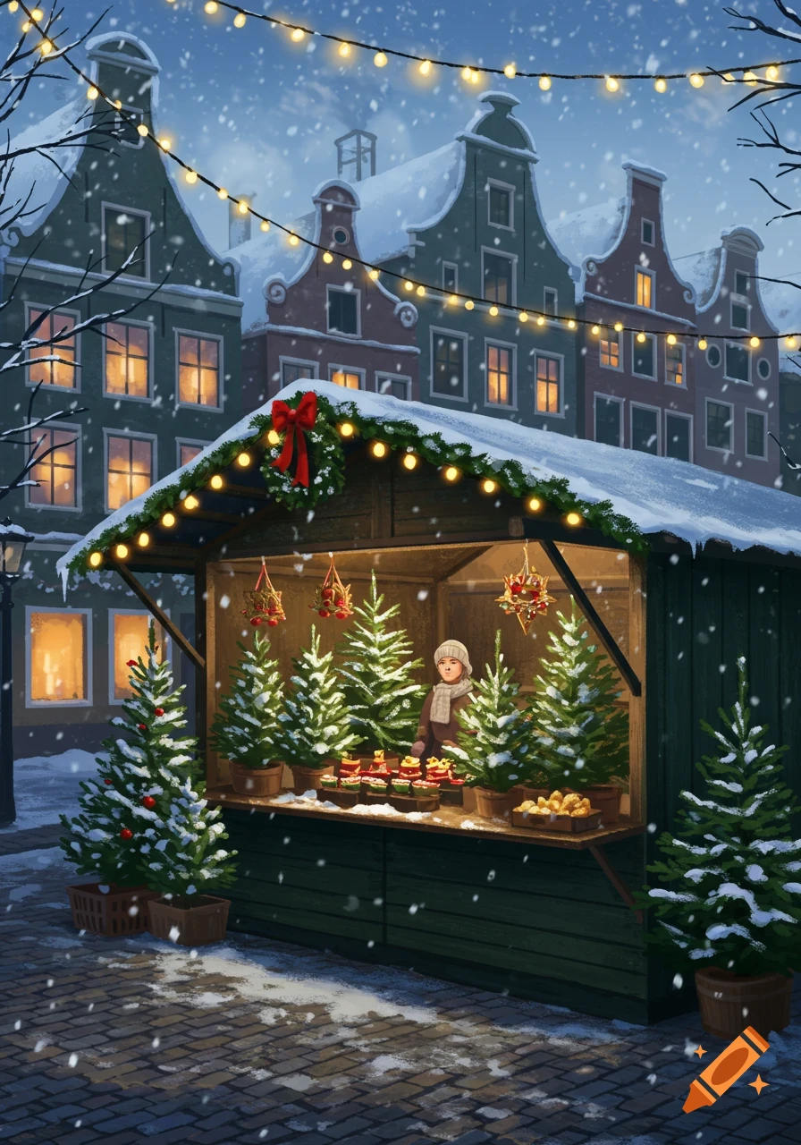 A cozy, snowy Christmas market stall selling evergreen trees, with Dutch-style houses and string lights in the background.