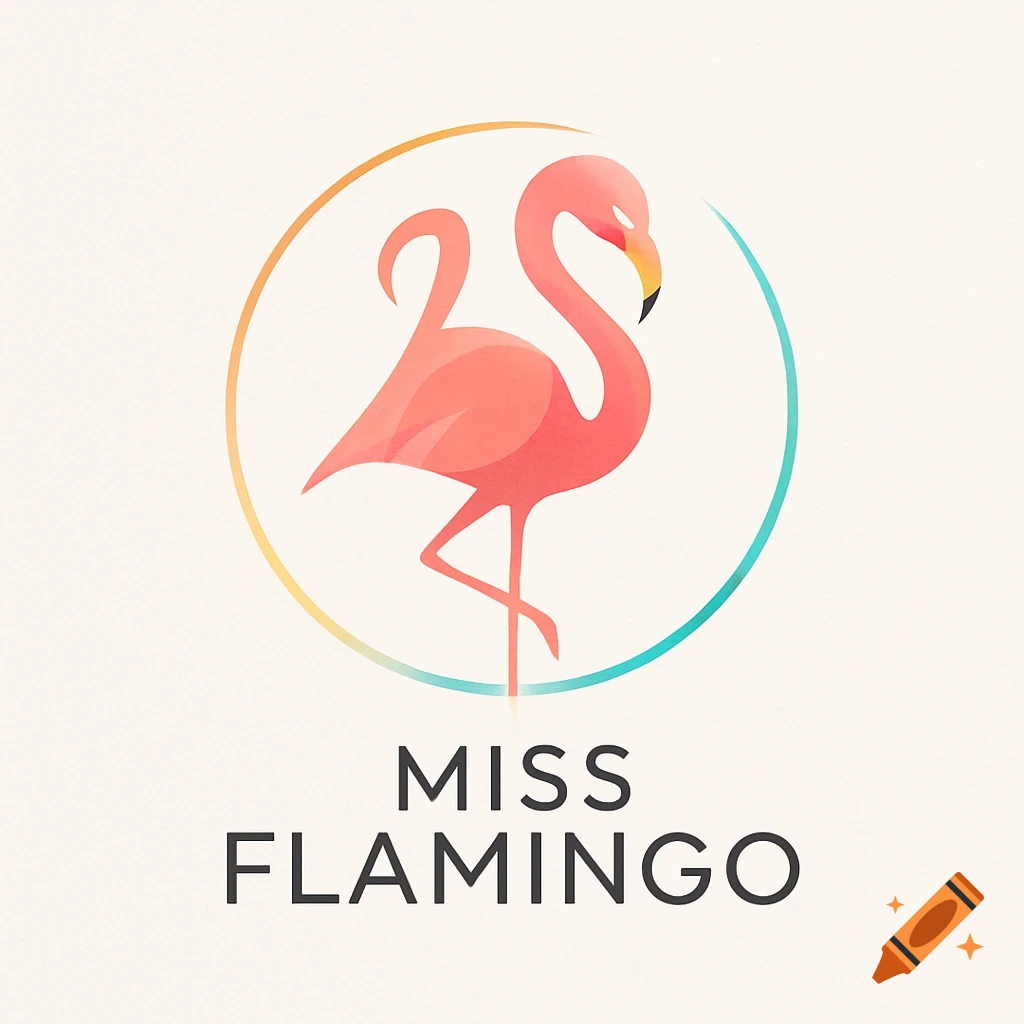 A modern logo for Miss Flamingo featuring a pink flamingo within a split orange and teal circle on a light background.