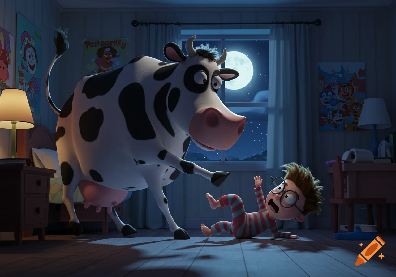 A cartoon cow kicks a boy in striped pajamas who falls backward in a bedroom at night, with a full moon visible outside.