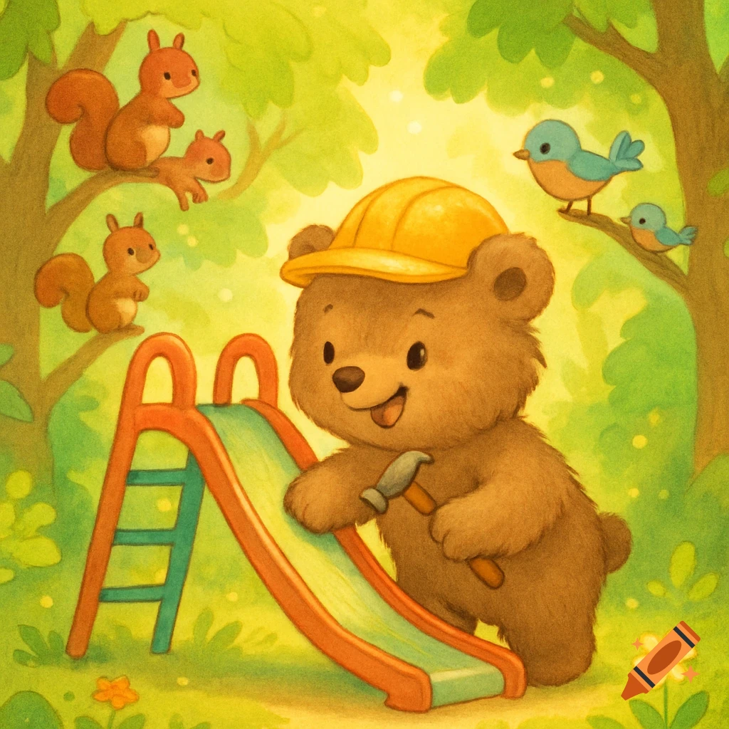 A cute cartoon bear in a yellow construction hat holds a hammer by a slide in a bright green forest with squirrels and birds.