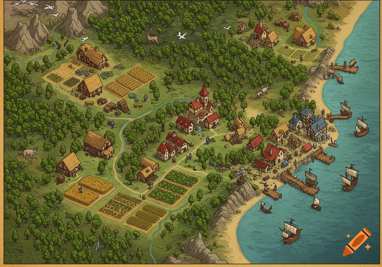 A detailed isometric map illustrating a medieval fantasy kingdom with farms, forests, mountains, a port town, and ships.