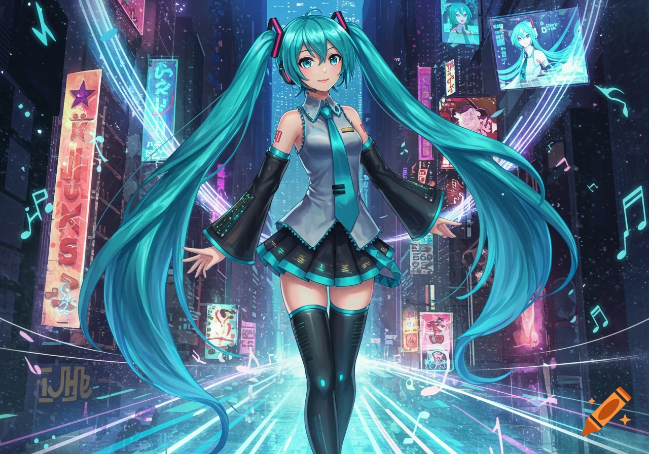 Hatsune Miku in a futuristic cityscape, surrounded by glowing neon signs and musical notes.