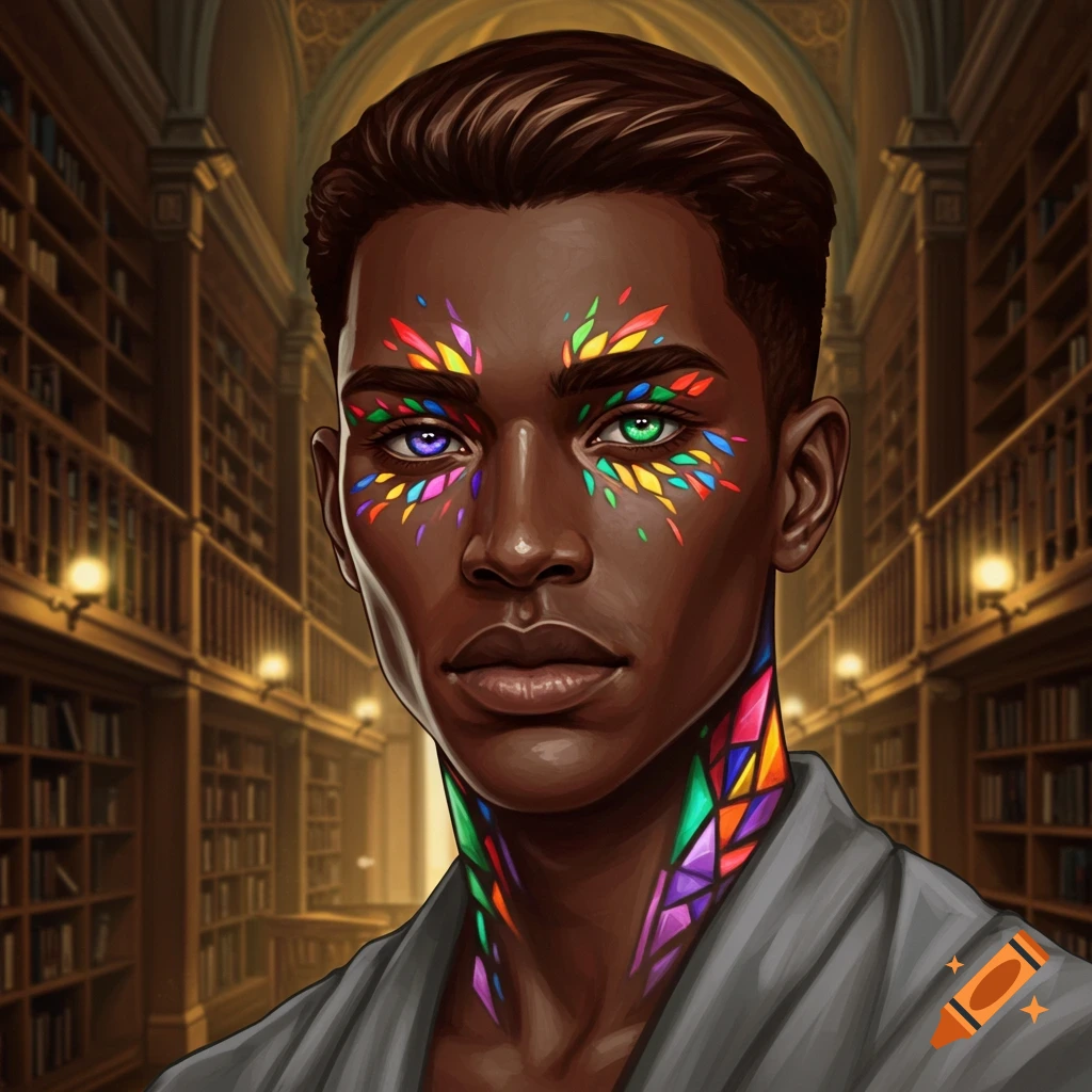 A close-up portrait of a dark-skinned man with colorful stained glass patterns on his face and neck, and heterochromatic eyes, standing in a grand library.
