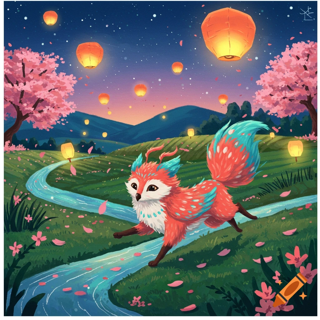 A stylized orange and blue fox-like creature leaps through a vibrant green field with a river, cherry blossoms, and glowing lanterns.