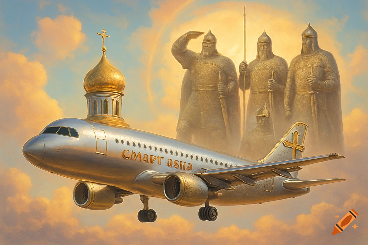 A silver airplane with a golden church dome on its roof and a cross on its tail, flies through a cloudy sky with giant golden statues of armored warriors in the background.