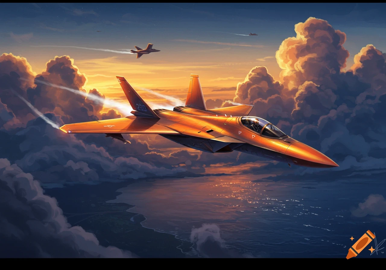 Two orange fighter jets fly over a blue ocean with sunlit clouds at sunset.