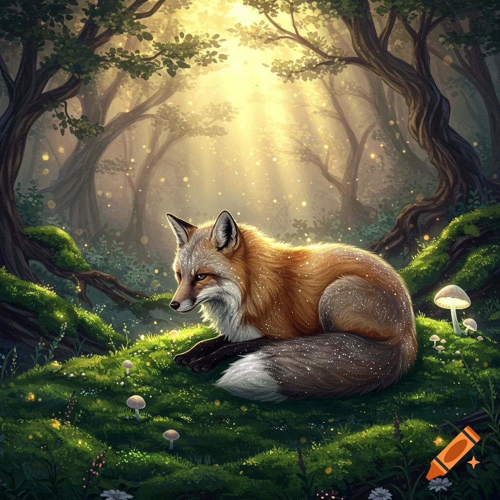 A stylized illustration of a red fox lying on moss in a magical, sunlit fantasy forest with glowing particles.