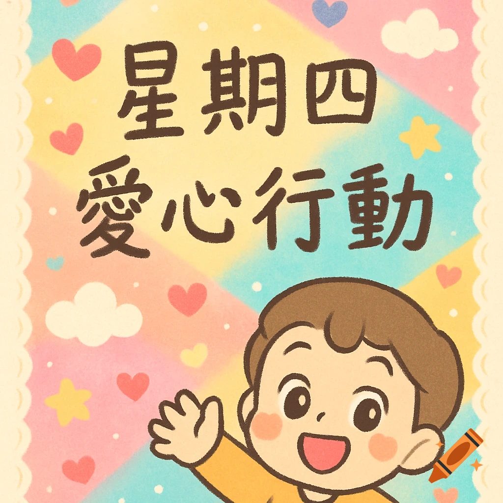 A cute cartoon illustration with a smiling child waving and Chinese text 'Thursday Love Action' on a colorful background.