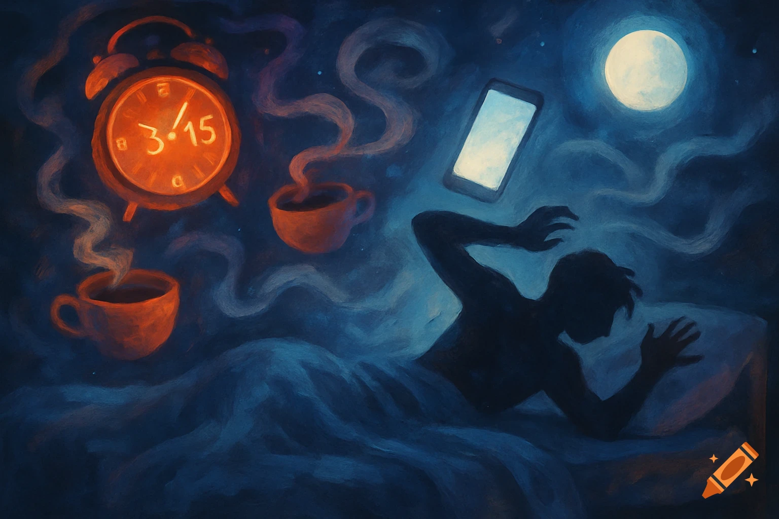Painterly illustration of a person in bed, a glowing alarm clock showing 3:15, steaming coffee cups, a phone, and a full moon.