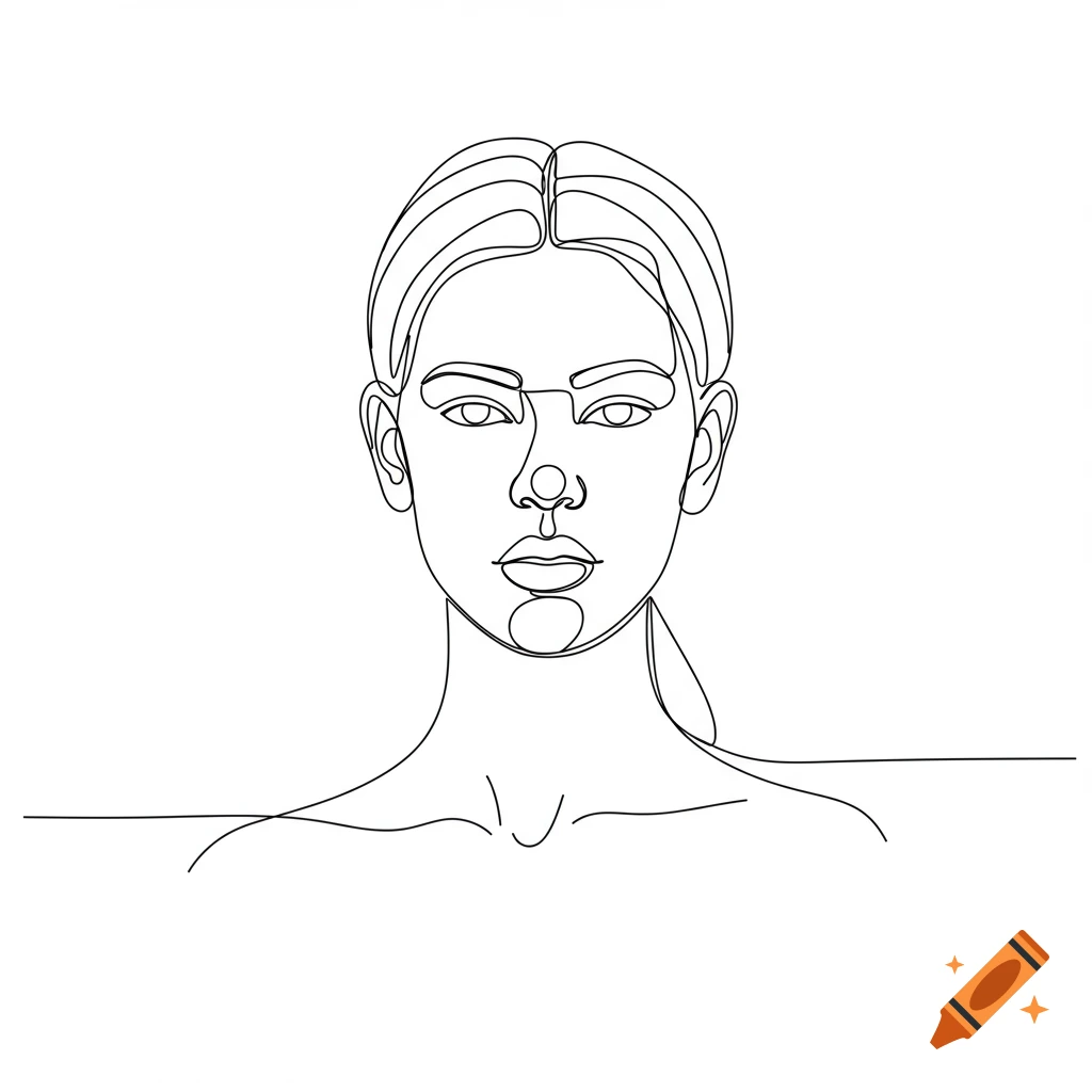 Minimalist black continuous line drawing of a woman's face and upper torso on a white background.