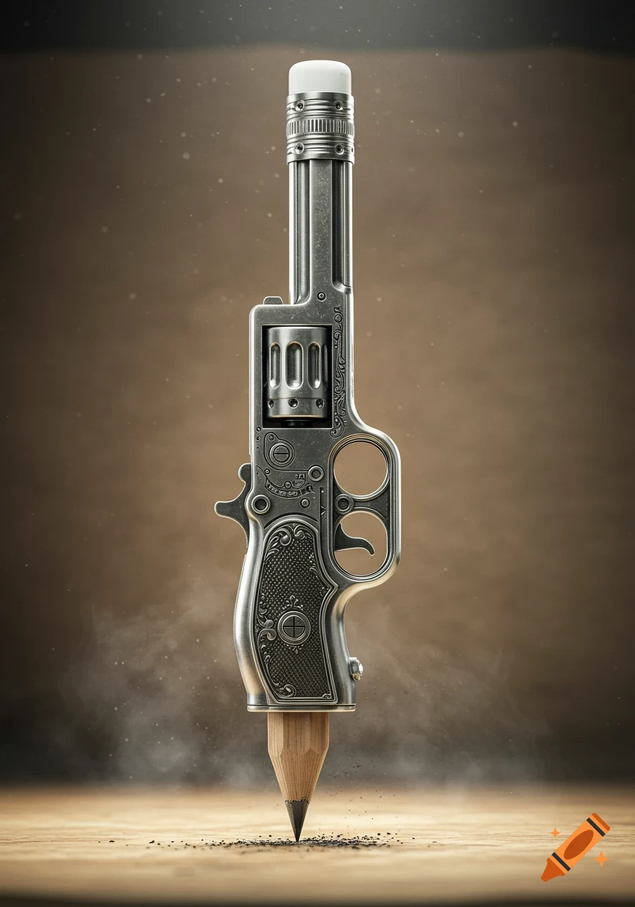 A photorealistic surreal image of a metal gun-shaped pencil standing on a wooden surface with shavings.
