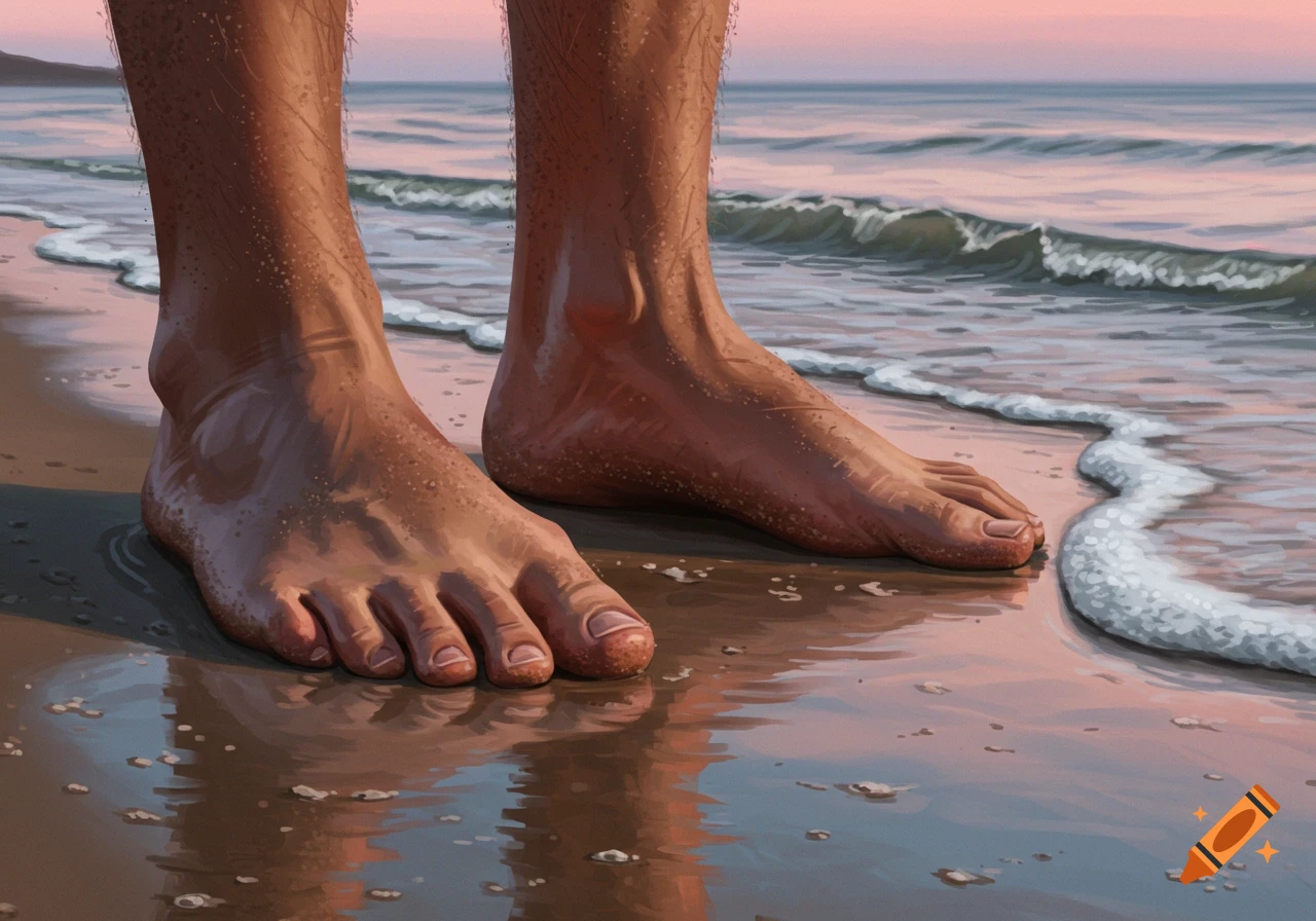 Two bare feet stand on wet sand at the ocean's edge with gentle waves and a sunset sky.