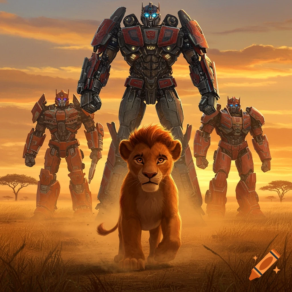 A young lion walks towards the viewer, with three large red and gray robots standing behind it in a dusty savanna at sunset.