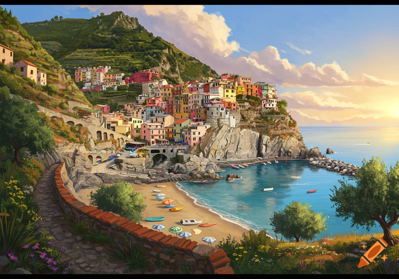 Painterly illustration of a vibrant Italian coastal village on a cliff above a bay, with a path leading to a sandy beach at sunset.
