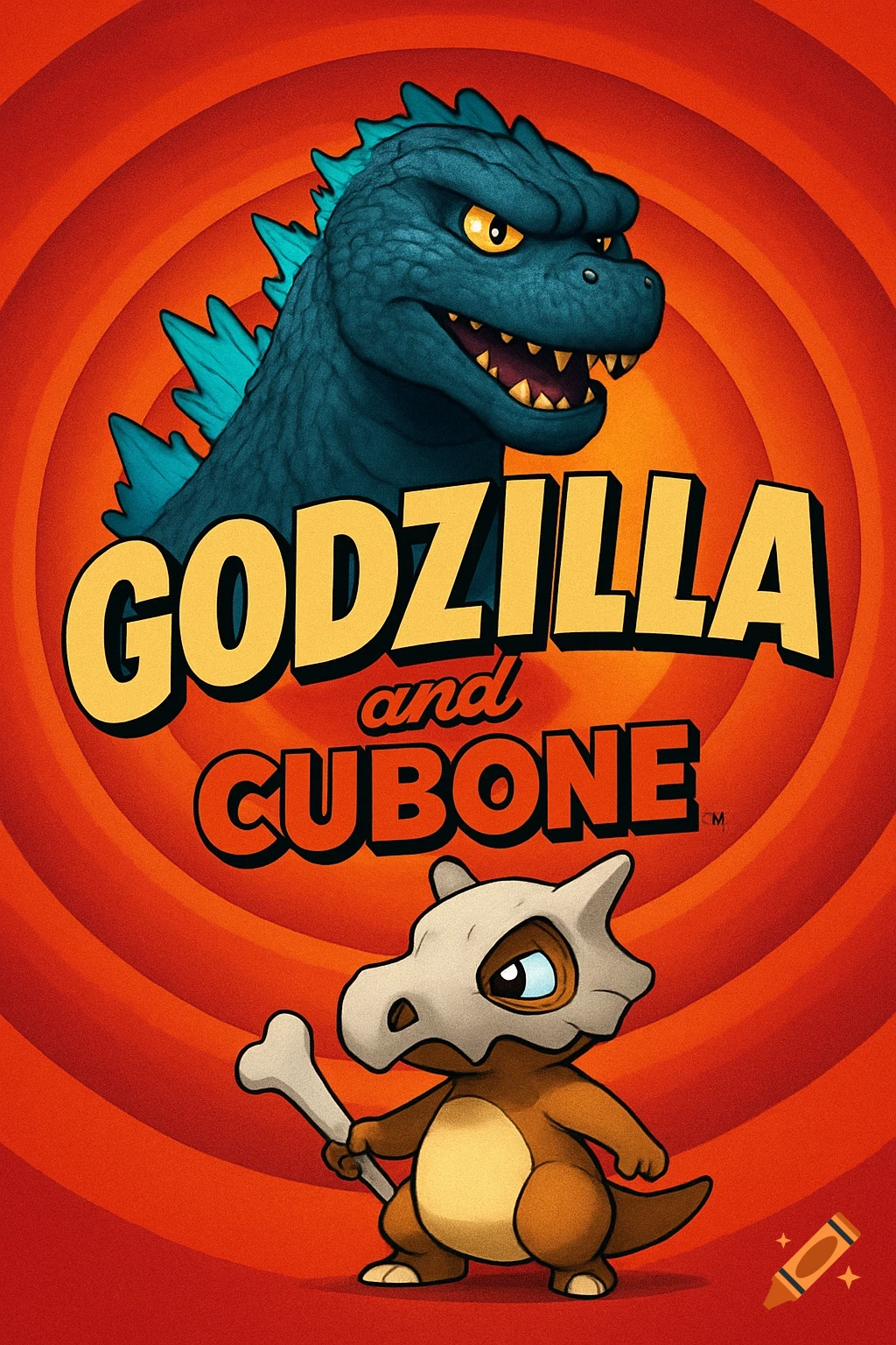 Cartoon poster of Godzilla's head and Cubone holding a bone, with the title 'GODZILLA and CUBONE' on a red-orange concentric ring background.