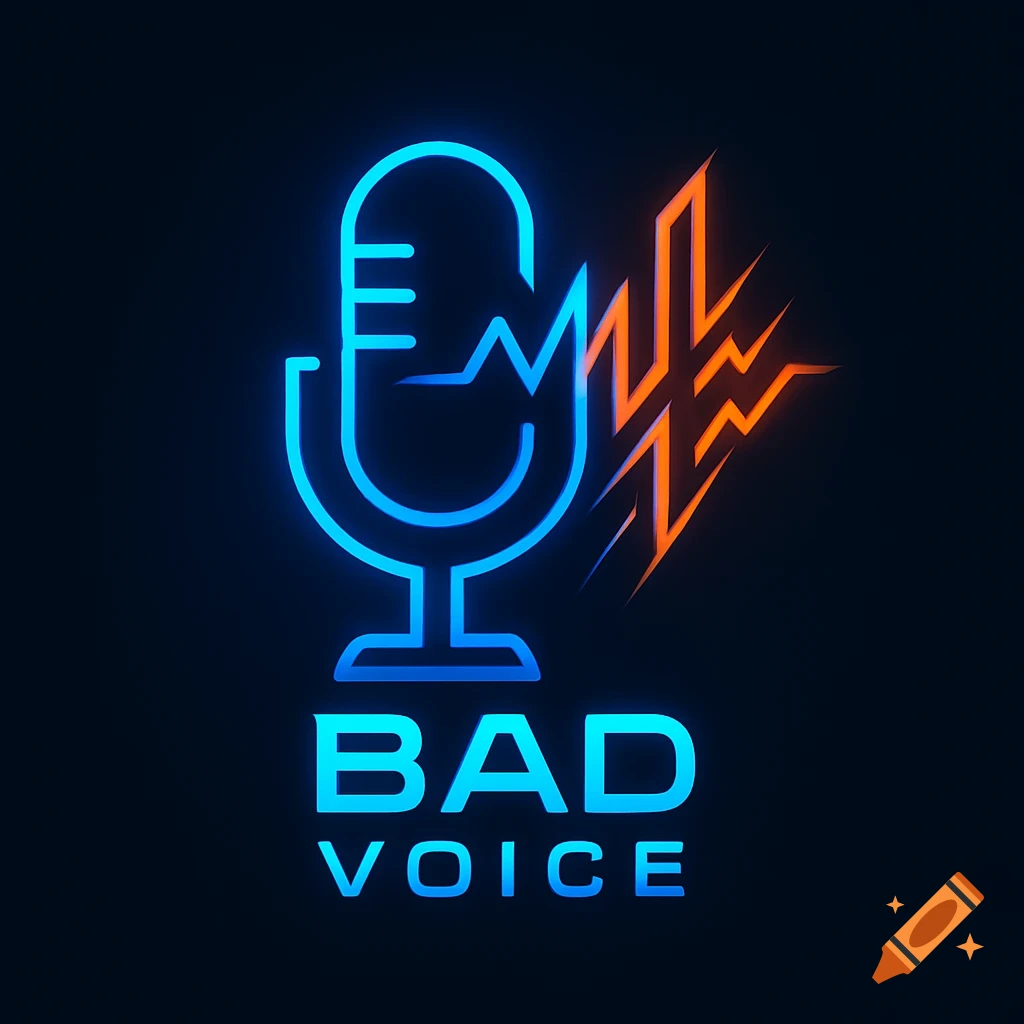 Neon blue and orange microphone logo with a sound wave, text says 'BAD VOICE'.