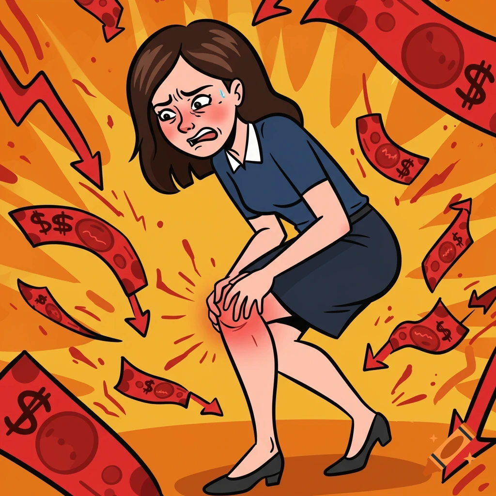 Cartoon woman in pain holding her red knee, surrounded by red dollar bills and down arrows, symbolizing financial loss.