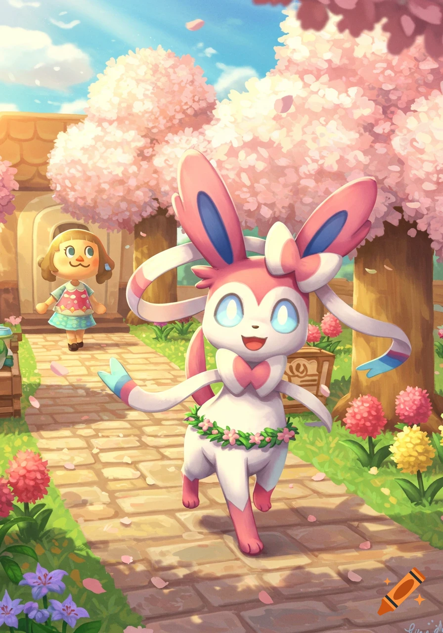 A cheerful Sylveon runs on a stone path under cherry blossom trees with an Animal Crossing villager in the background, in a vibrant cartoon style.