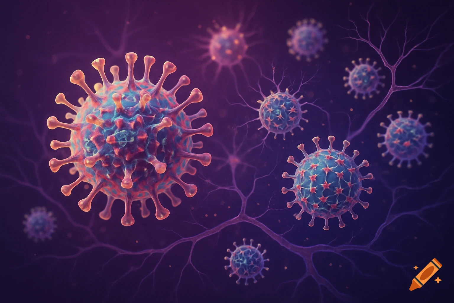 Close-up 3D rendering of multiple blue and red viruses with spiked capsids on a dark purple background with neural branches.