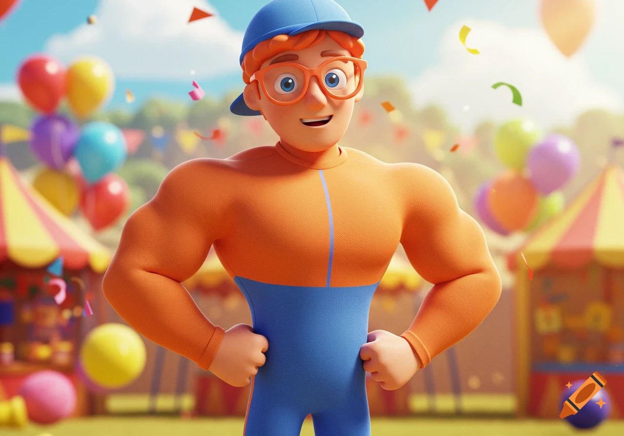 A muscular cartoon man with orange hair, glasses, and a blue cap wears an orange and blue bodysuit at a colorful carnival.