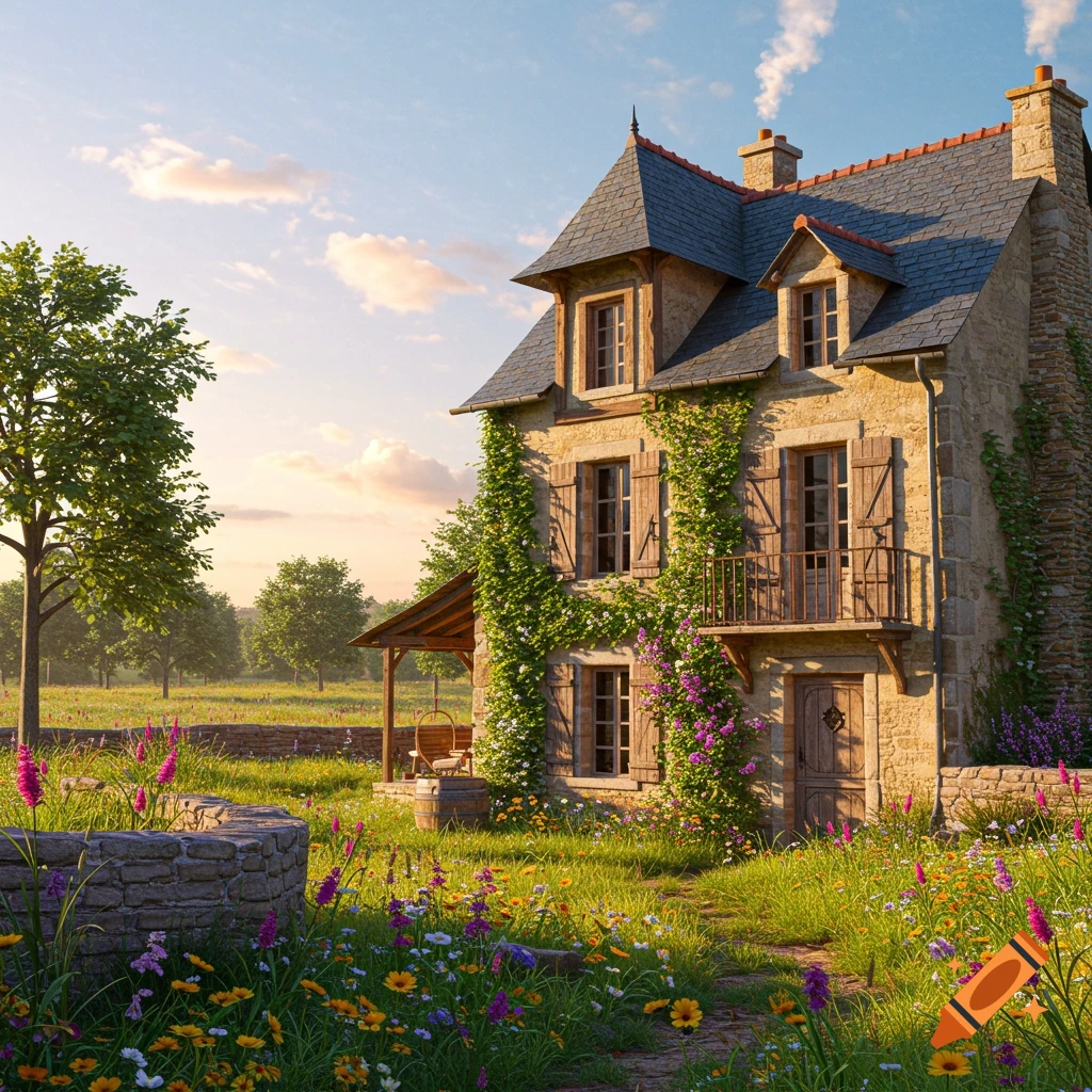 A charming stone house covered in green vines and purple flowers, surrounded by a vibrant field of wildflowers under a bright sky.
