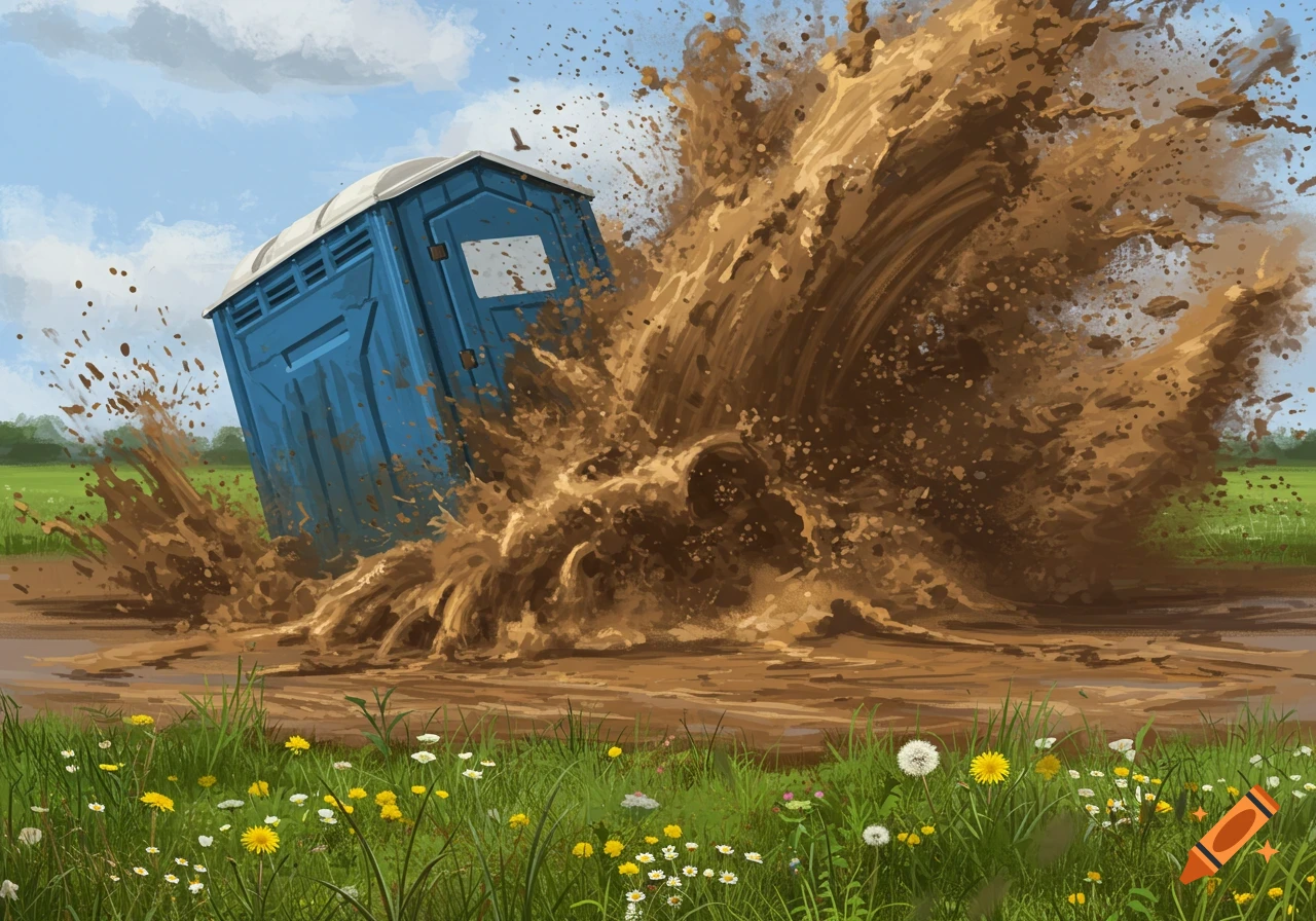 A blue porta potty is engulfed in a massive brown mudslide, splashing high into the air against a grassy field and blue sky.