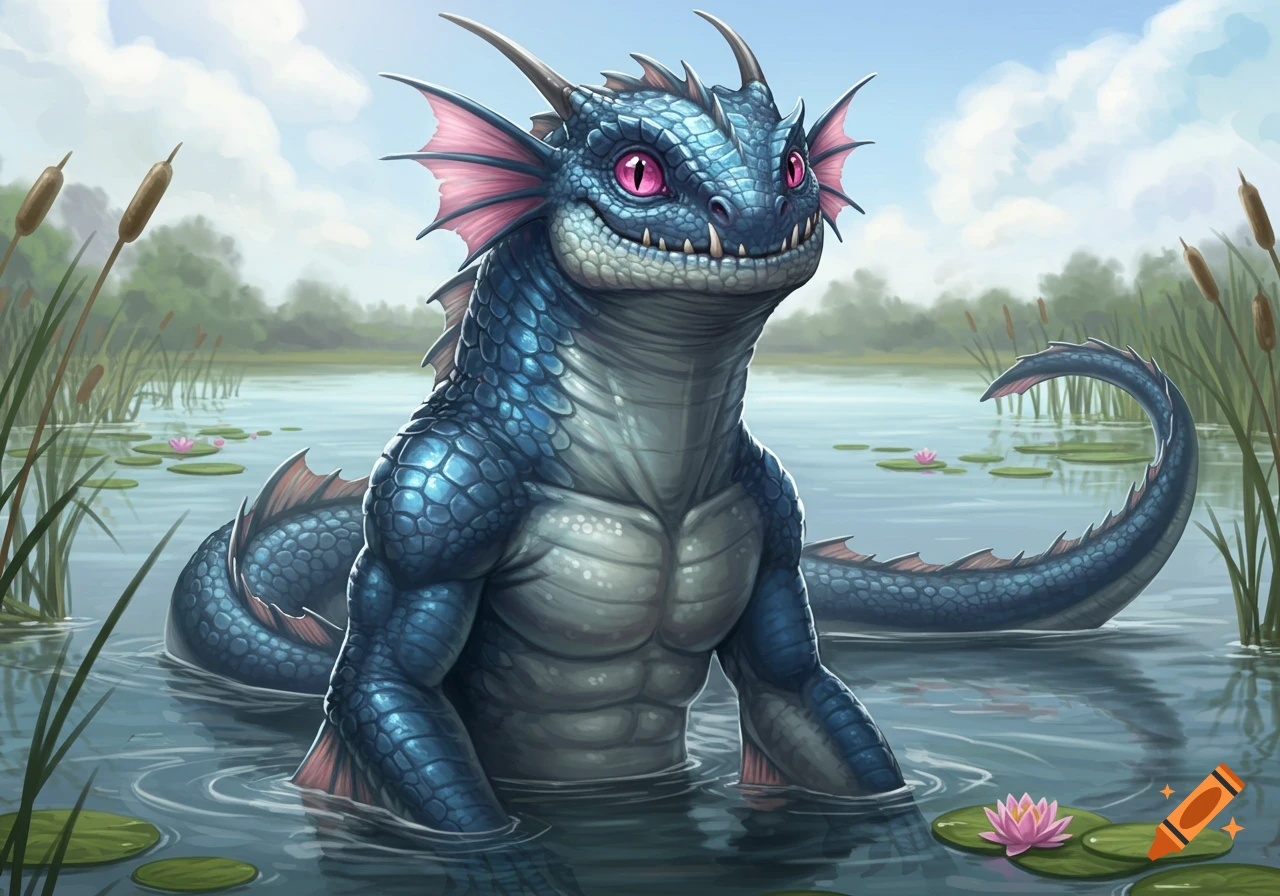 A blue scaly monster with large pink eyes, sharp teeth, and strong arms stands in a pond with lily pads and cattails, digital art.