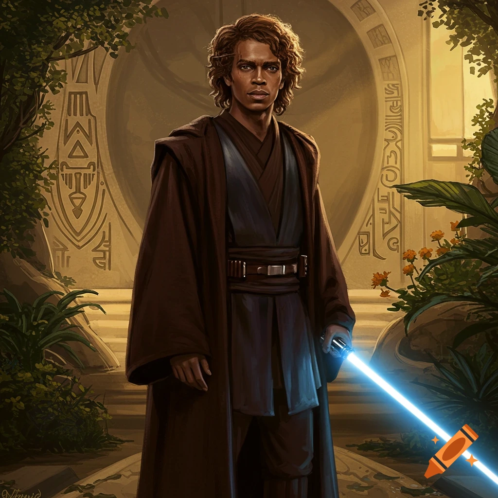 A light-skinned Black man with curly brown hair in a Jedi robe holds a blue lightsaber in an ancient, overgrown temple.